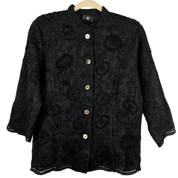 W Bogner Black Floral Embroidered Linen Button Down Top Women's Size 10 Artsy - Picture 1 of 10